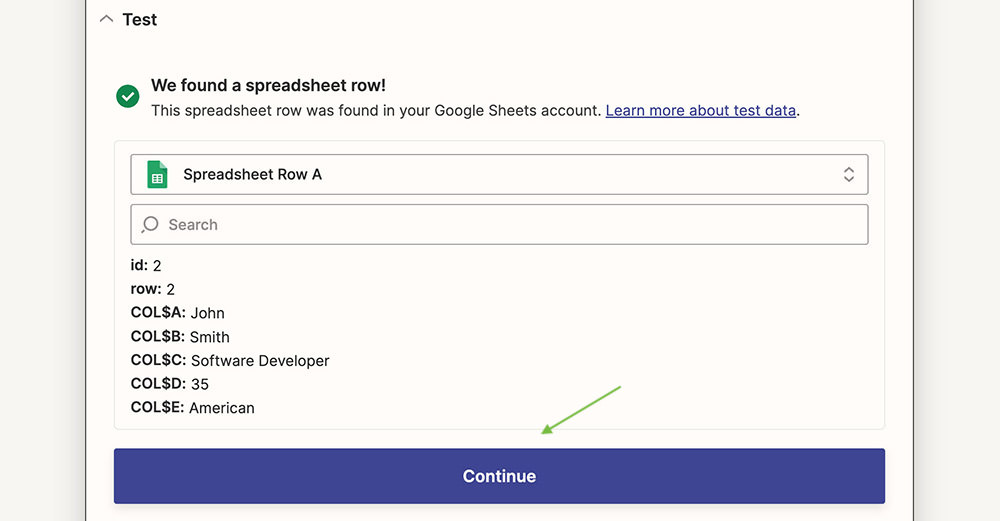 Google Sheets test success