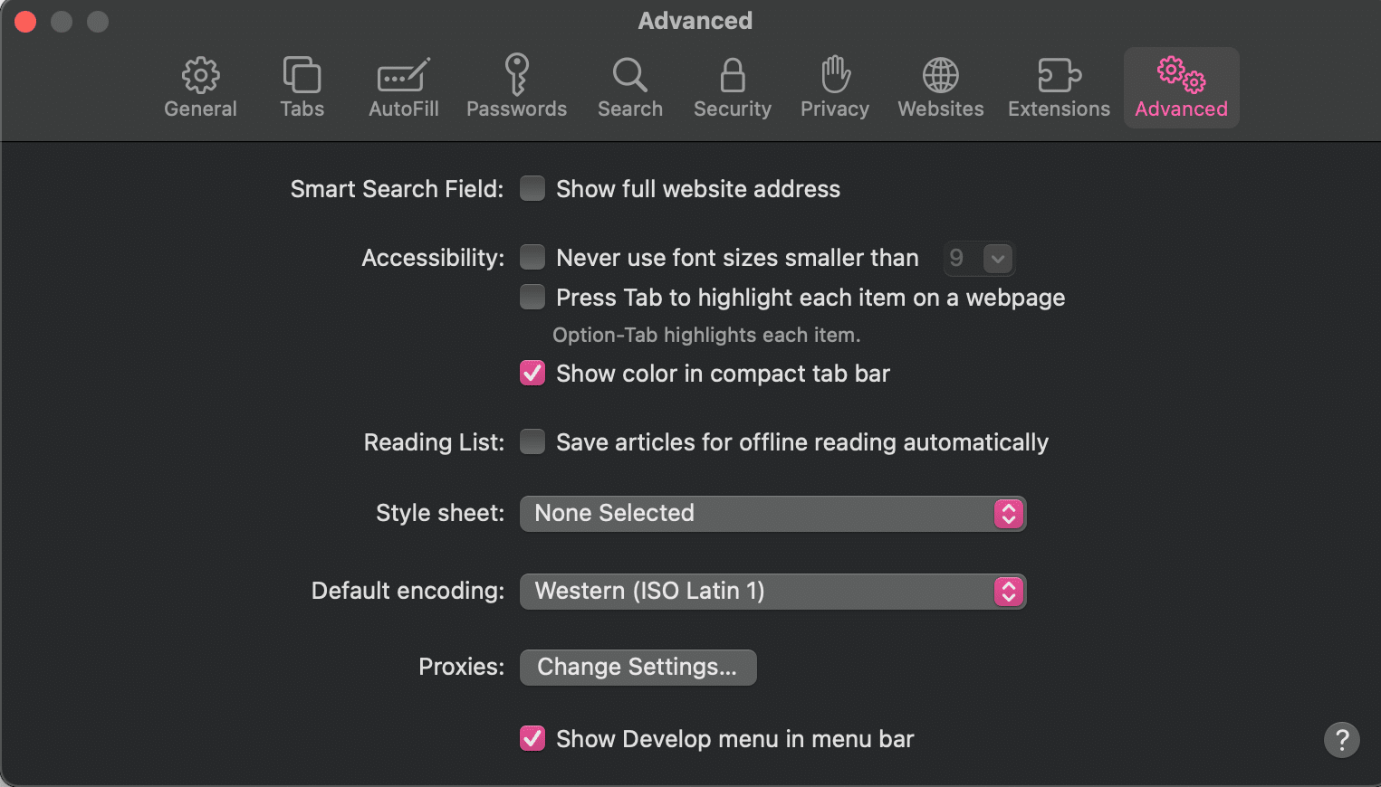 Advanced settings in Safari