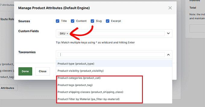 Add SKU, tag, categories, and attributes as custom fields and taxonomies