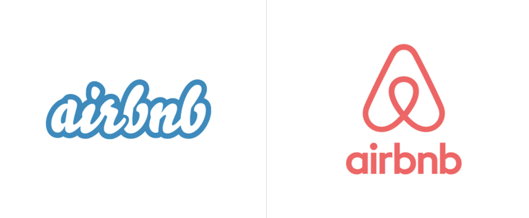 Airbnb logo comparison: old white/blue logo on the left, new pink/red logo on the right with a heart-house symbol
