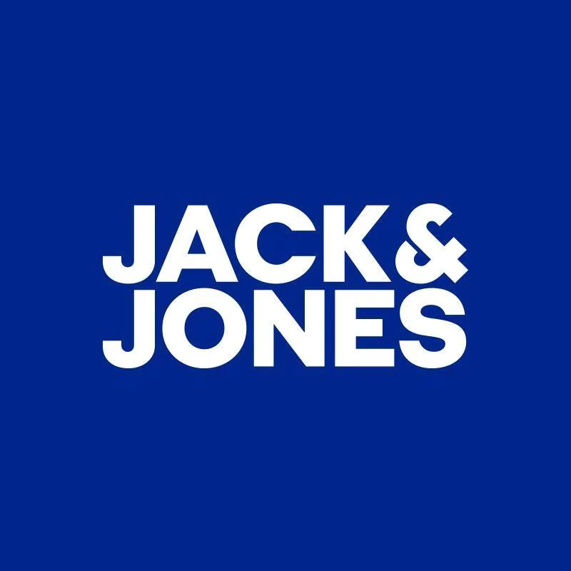 Jack & Jones logo on navy blue background with white stylized typography