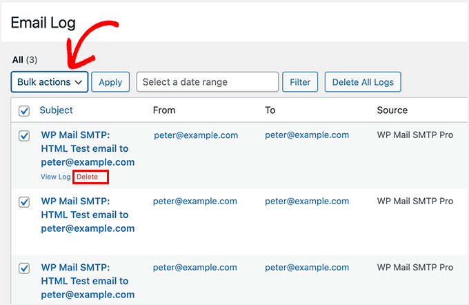 Delete email log entries in WordPress