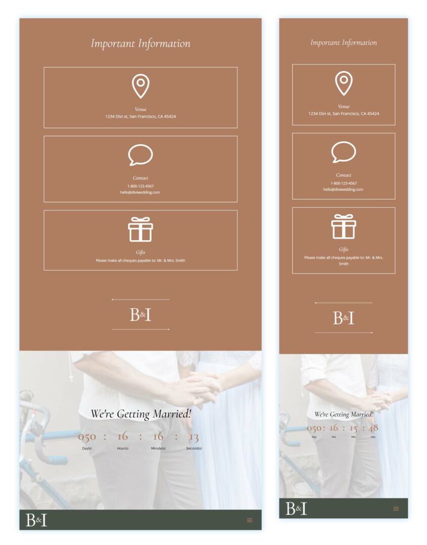 Divi Wedding Invitation Footer Layout for tablet and mobile