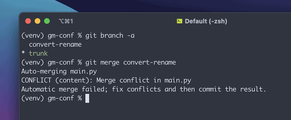 A Terminal window showing Git commands to show all branches, then merge changes. An error shows as a merge conflict with instructions to fix and commit the results of the conflicts.