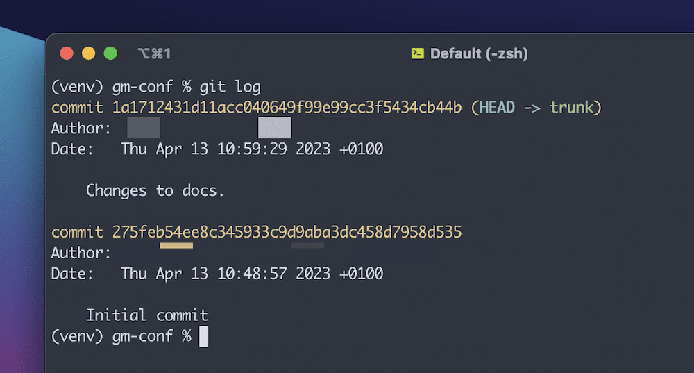 A Terminal window showing the Git log for a repository. There are two commits with yellow titling, along with details on the author, date, and commit message.