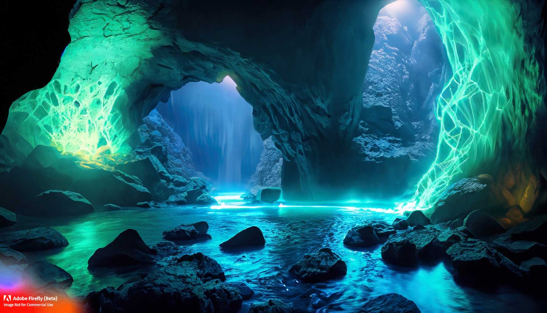 glowing river in a cave