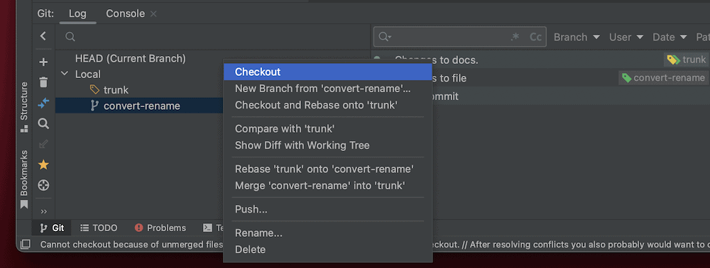 The bottom corner of the Intellij IDEA code editor, showing the Git widget panel. The right-click context menu shows, and highlights the Checkout option to review branch changes.