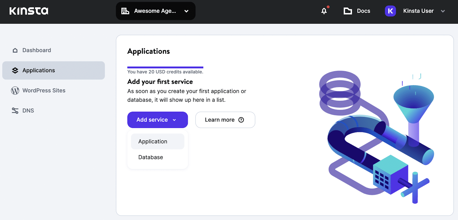he MyKinsta dashboard opened to the "Applications" section, which shows a purple "Add service" dropdown with two options: "Application" and "Database".