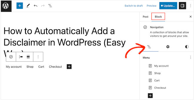 The List View tab, in the WordPress block editor