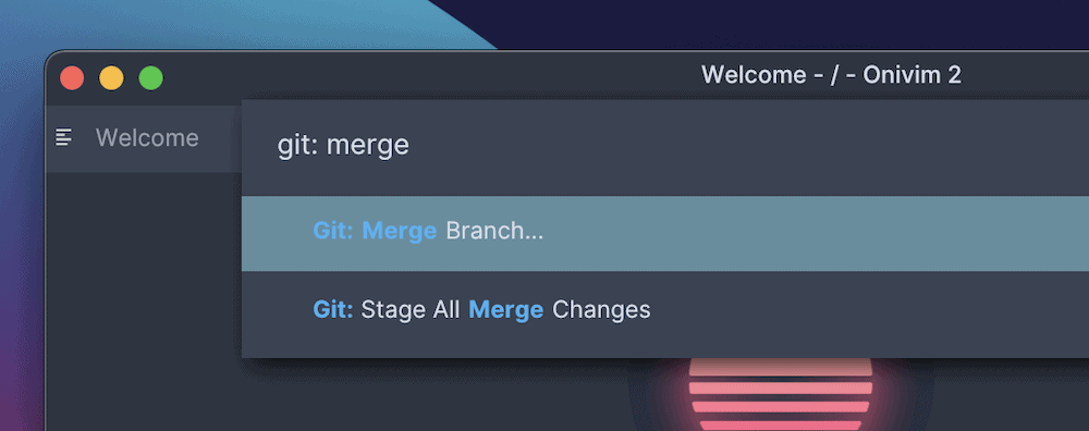 A portion of the Onivim2 screen showing the Command Palette and the Git: Merge Branch command.