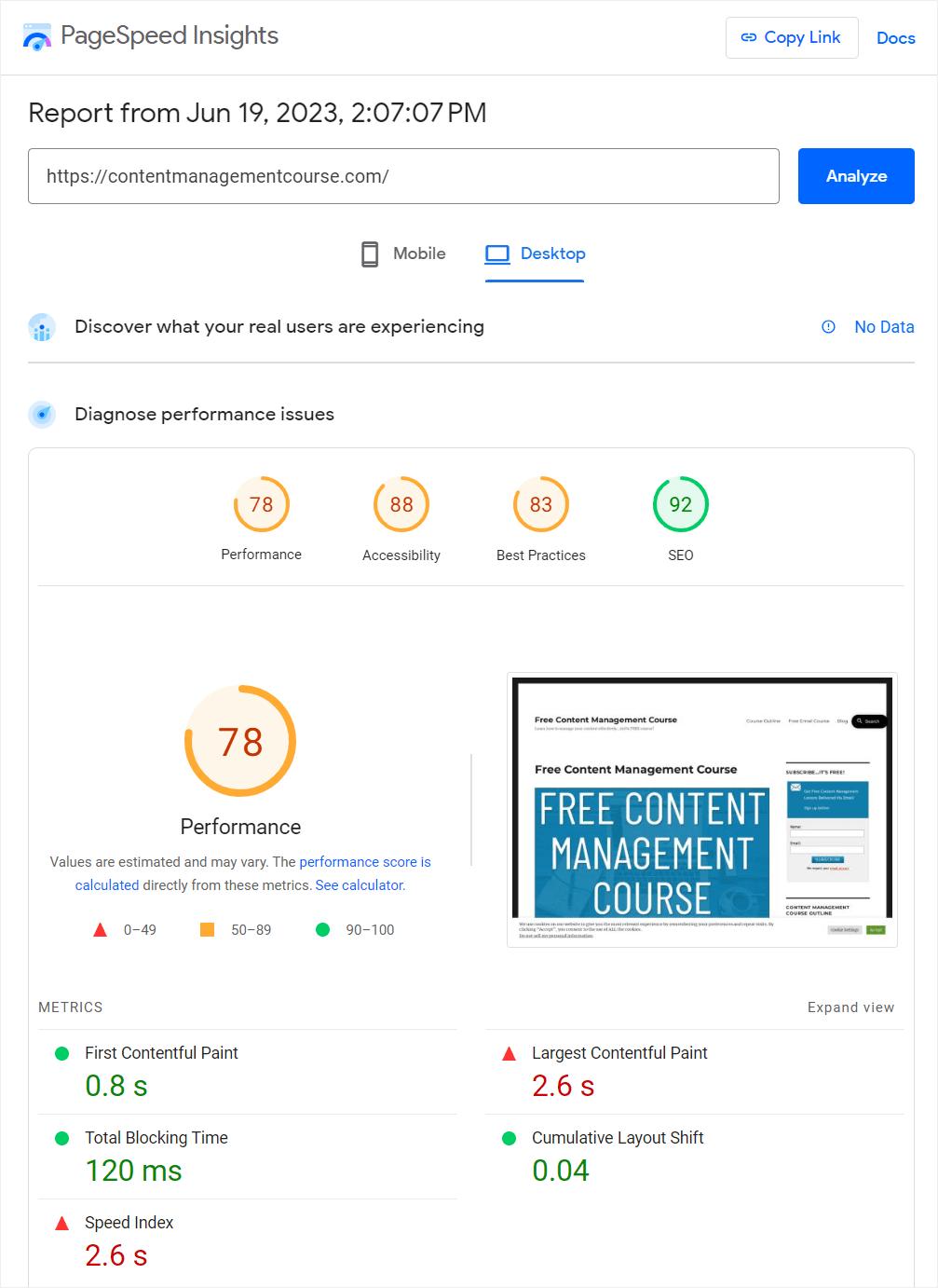 PageSpeed Insights score
