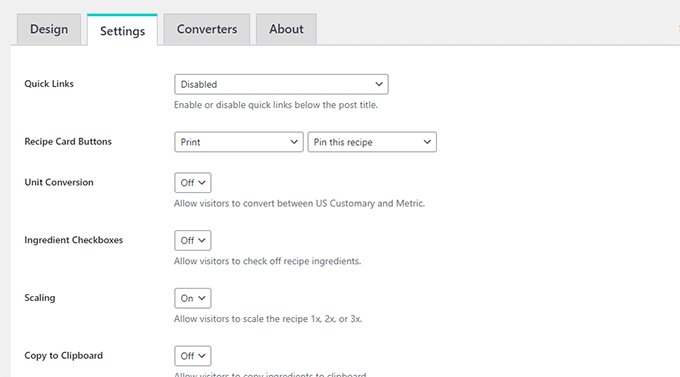 Recipe plugin settings