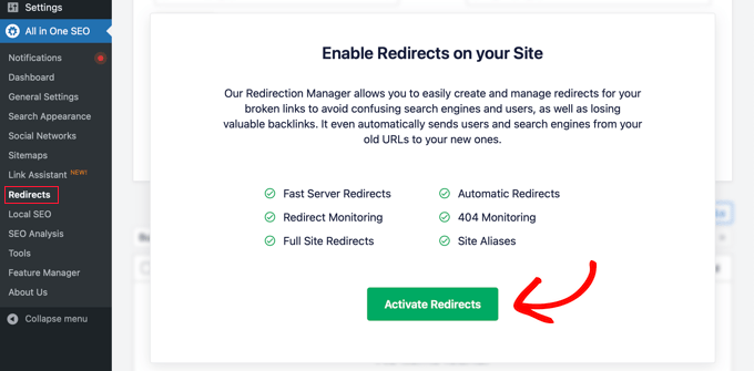 Activating Redirects in All in One SEO