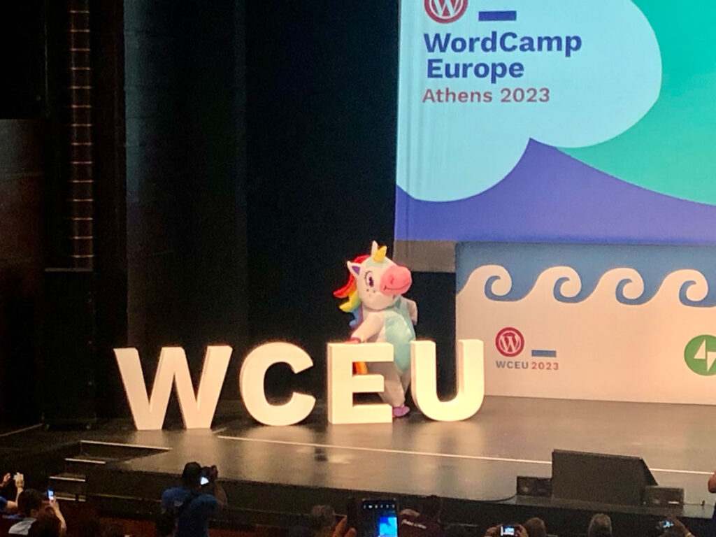 wordcamp europe 2023 unicorn on stage