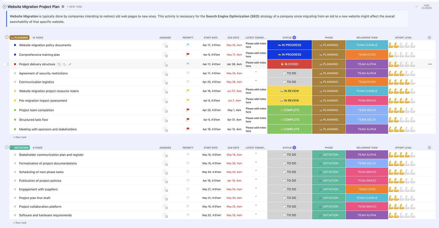 ClickUp Website Migration Project Plan template