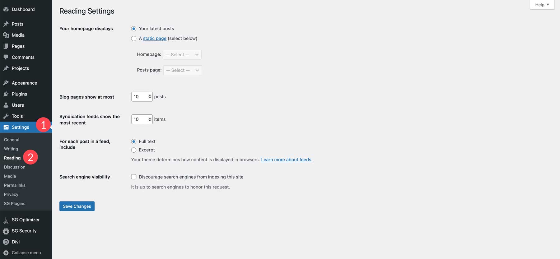 WordPress reading settings