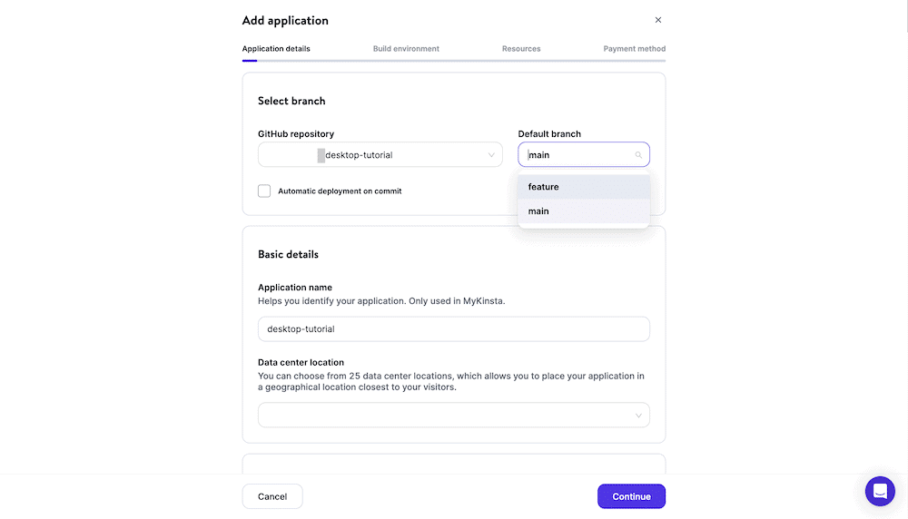 The Add Application wizard, showing the four steps to set up an app and integrate it with GitHub. There are a number of options, such as choosing a repo and branch, adding an application name, choosing a data center location, and more. At the bottom is a purple Continue button and a white Cancel button.