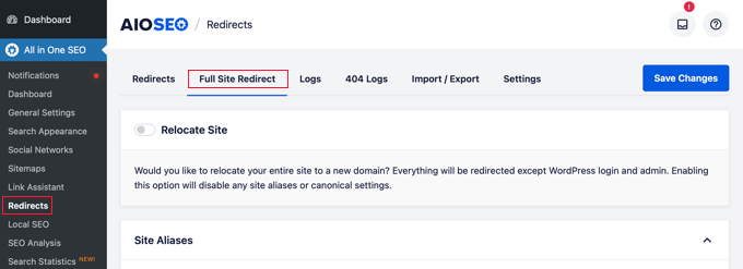 AIOSEO Full Site Redirect