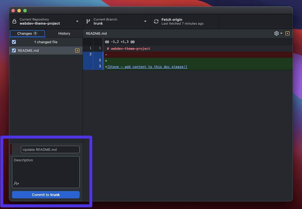 The GitHub Desktop interface that shows a change to a file on the left, and the specific changes in the main window. There is one line removal that uses red highlighting, and two additions using green highlighting. The bottom left corner shows the commit message box. It’s highlighted in purple, and lets you type the commit message and description. There’s a blue “Commit to trunk” button to confirm the commit.