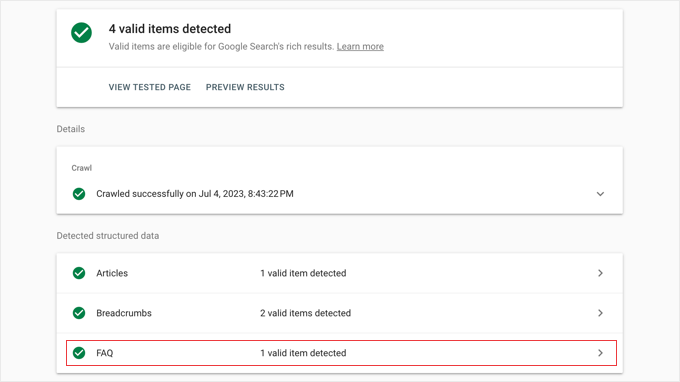 Rich results FAQ schema section