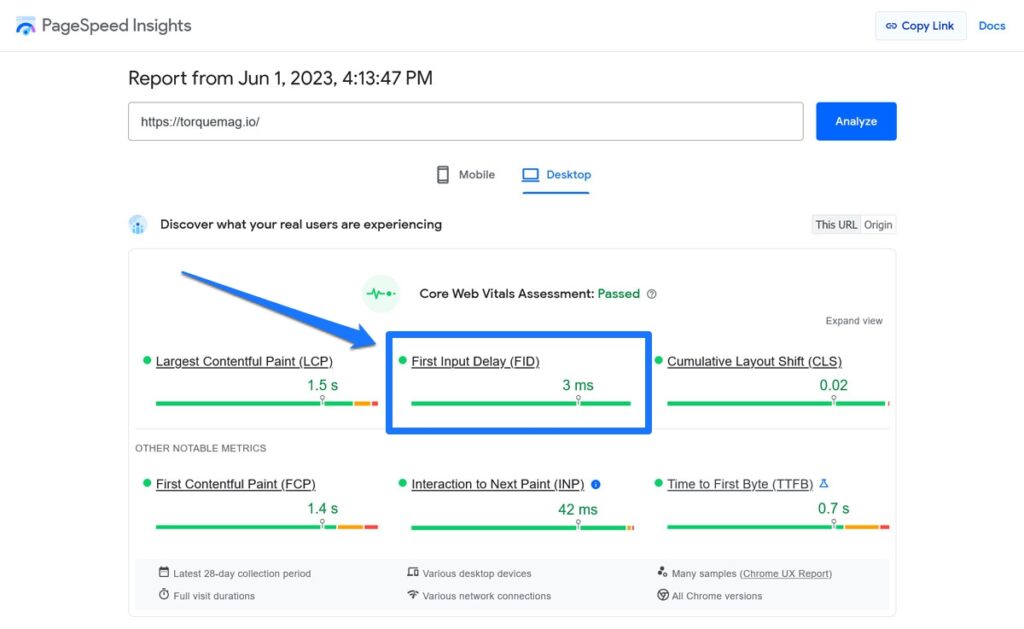 fid metric in pagespeed insights