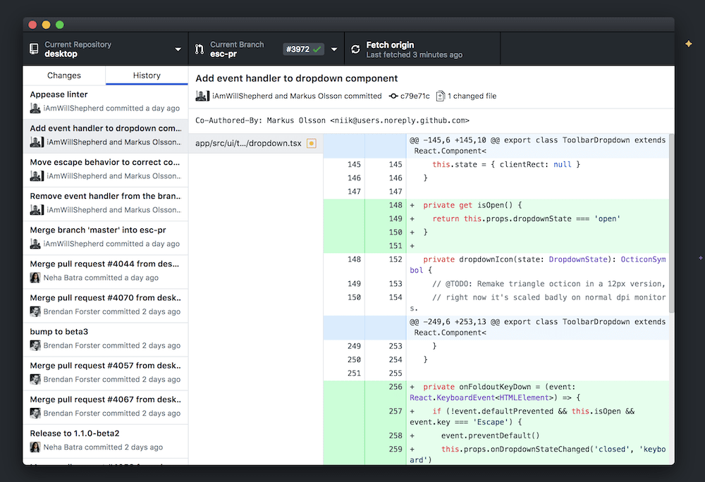 The GitHub Desktop interface, showing a history of commits along the left-hand side, and code differences within a specific commit in the main window. There are a number of line additions that use green highlighting.