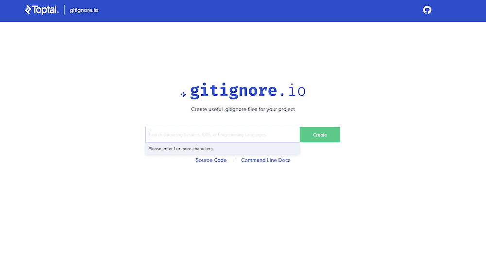 Toptal’s GitIgnore website. It’s white, with a blue toolbar at the top. In the middle, there’s a search bar with a green confirm button to search for elements, and a blue title that reads, “gitignore.io”.
