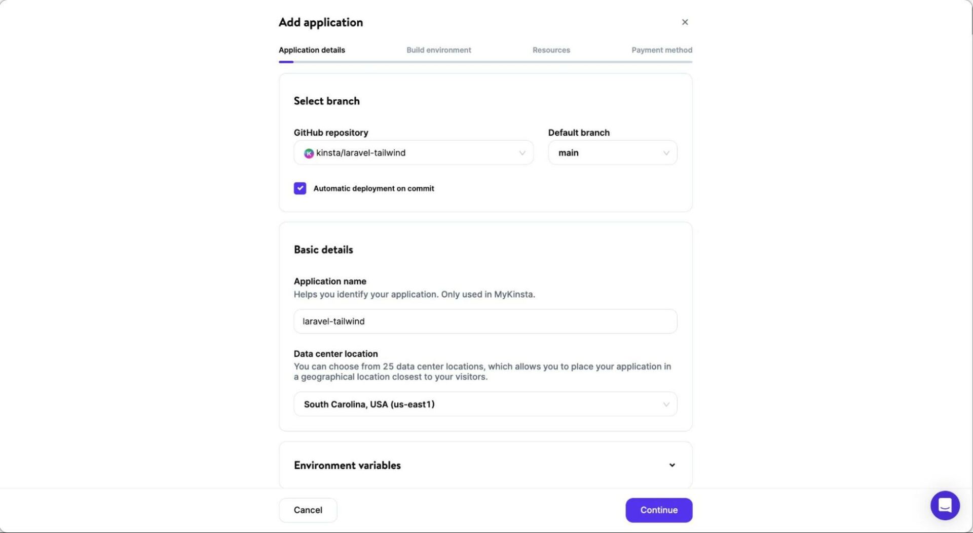 Configuring new application details on Kinsta