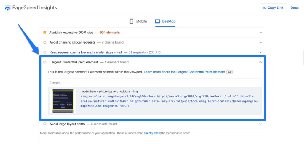 lcp element in pagespeed insights