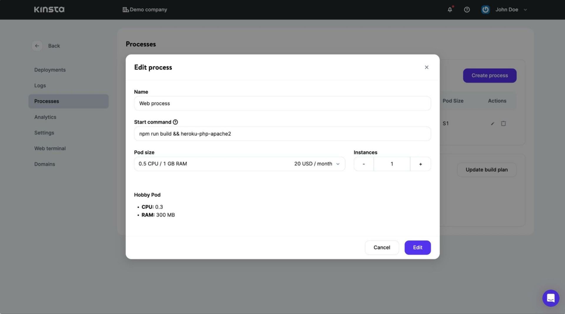 Updating the process start command on Kinsta