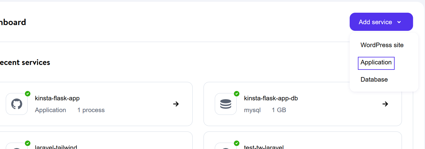 MyKinsta dashboard when adding application service