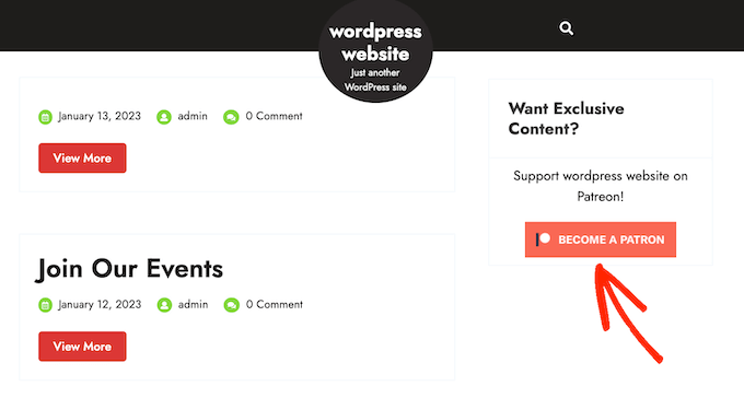 An example of a Patreon button, on a WordPress website