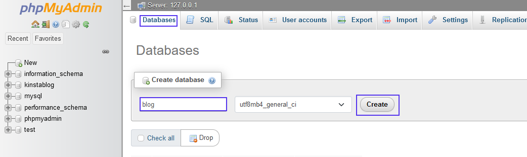 Database creation in phpMyAdmin panel