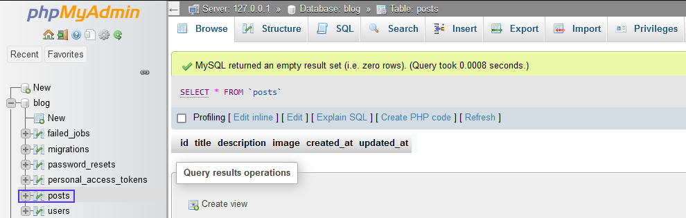 The migrated posts table is displayed in phpMyAdmin