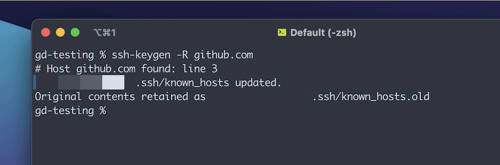 A corner of a Terminal screen that shows the results of removing old keygens for github.com from your ‘known hosts’ file. The command scraps the file, finds the host name, updates the file, and gives a path to where a copy of the original file is saved.