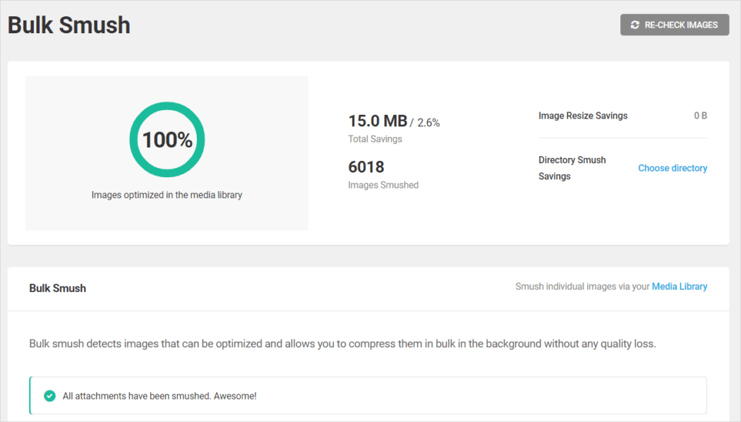 Image compression savings using Super Smush. 