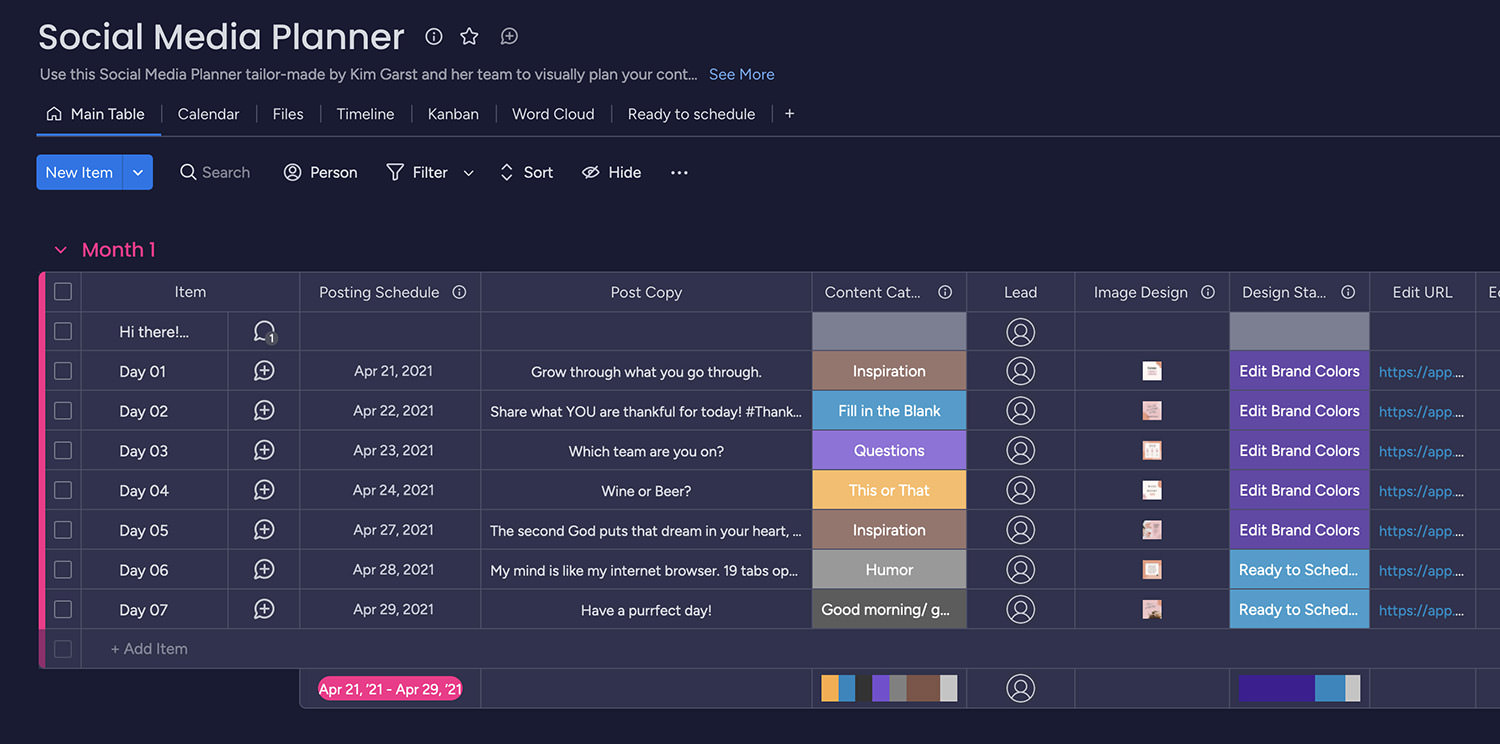 Monday Social Media Planner template