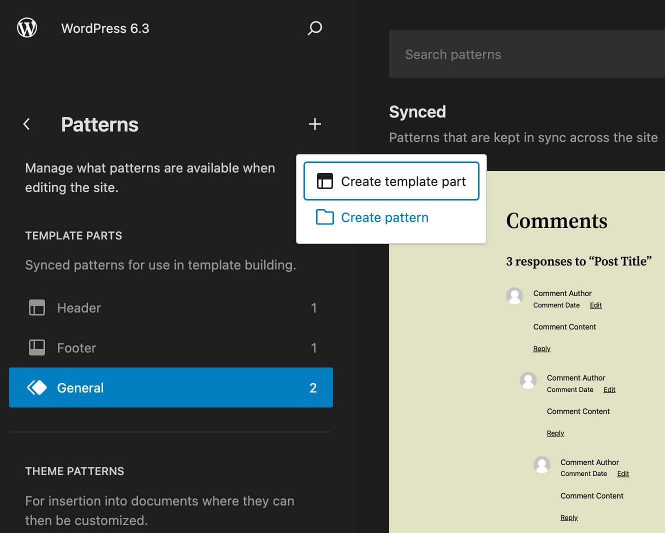 Creating new Template parts and block patterns in WordPress 6.3