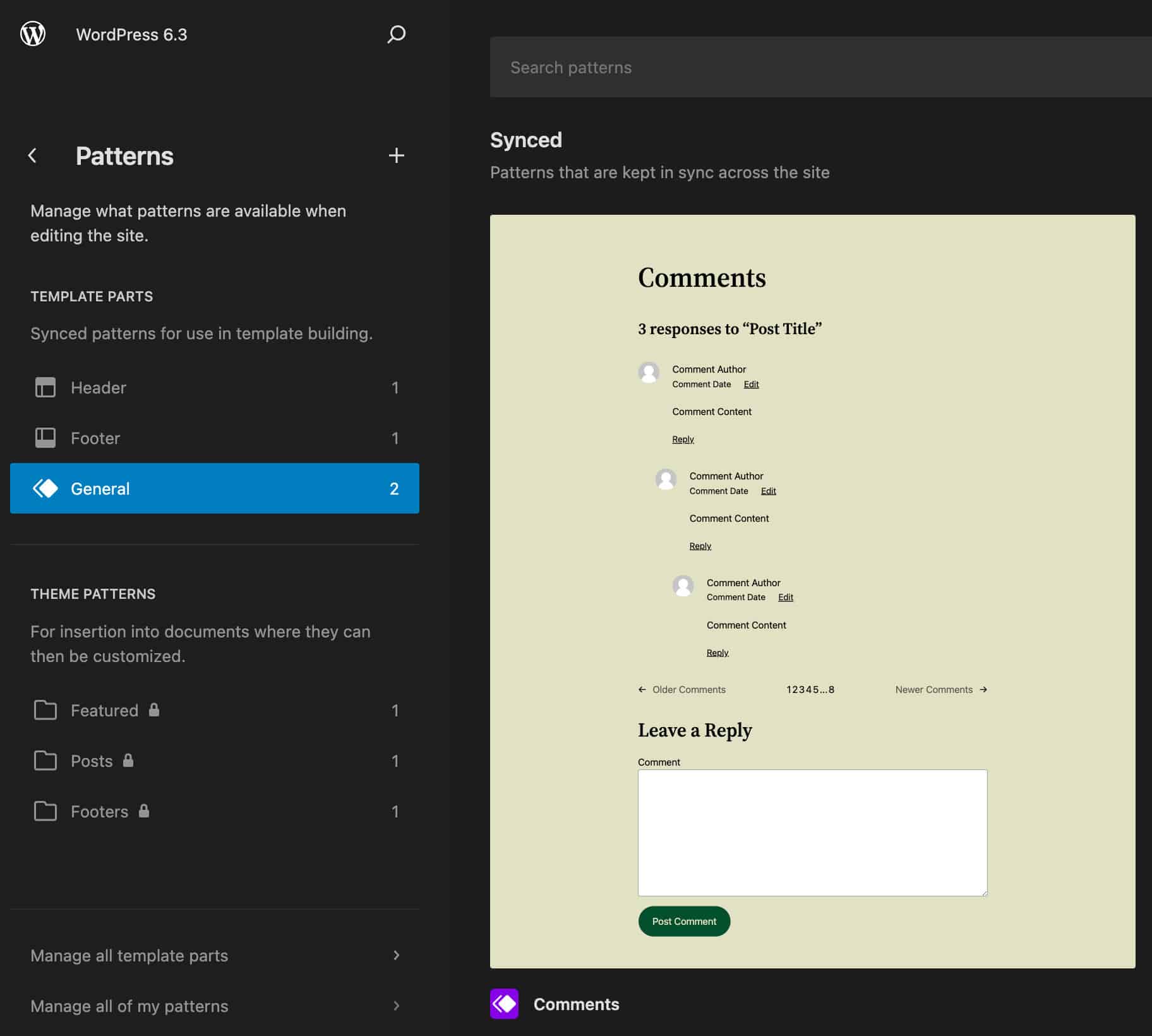 Template Parts and Theme Patterns in the new Patterns section of the Site Editor