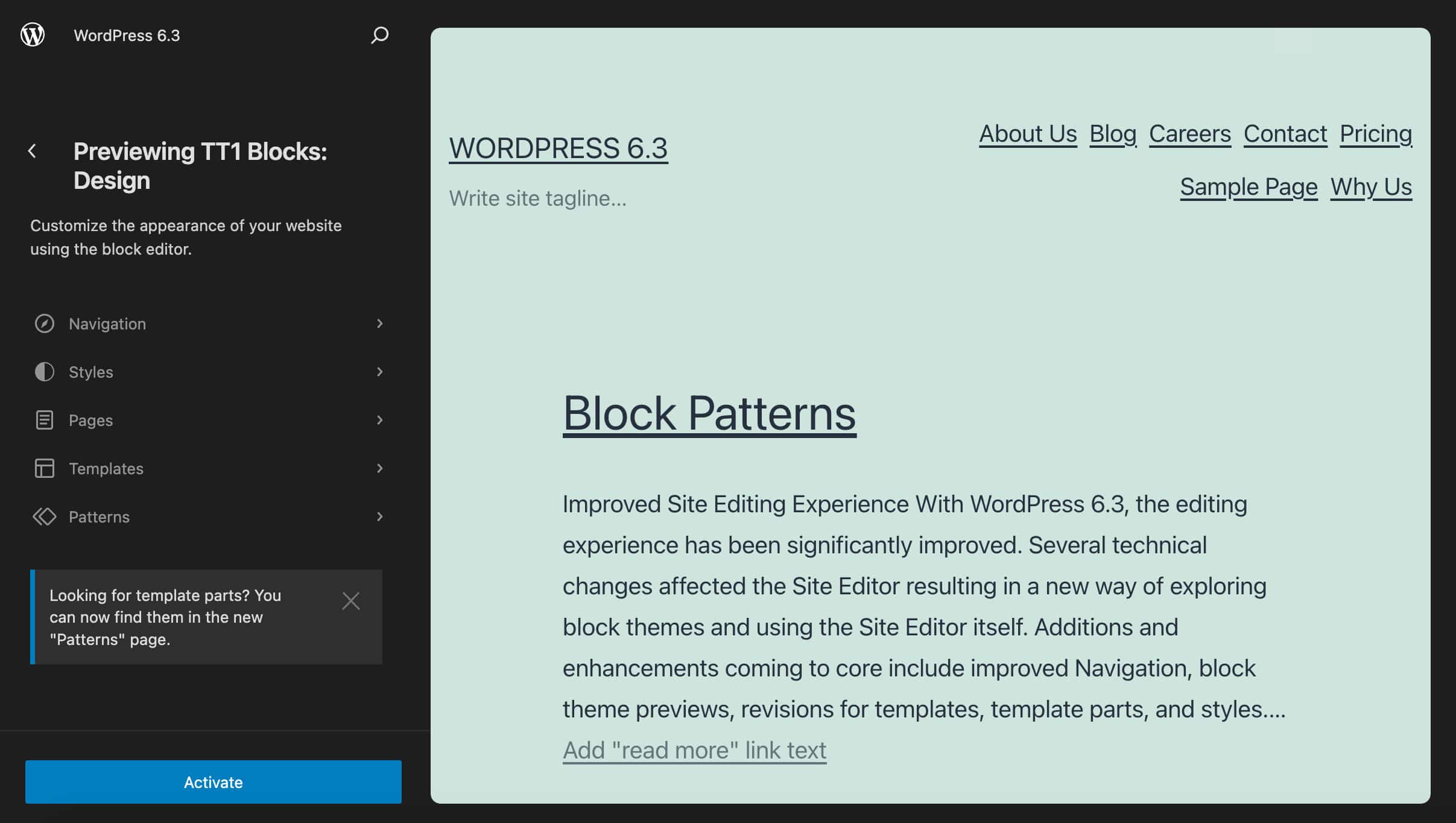 Previewing TT1 Blocks theme in the Site Editor