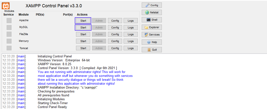 The XAMPP Control Panel display shows various module services.