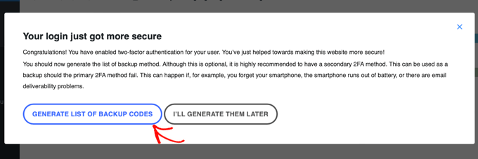 Click 'Generate List of Backup Codes'