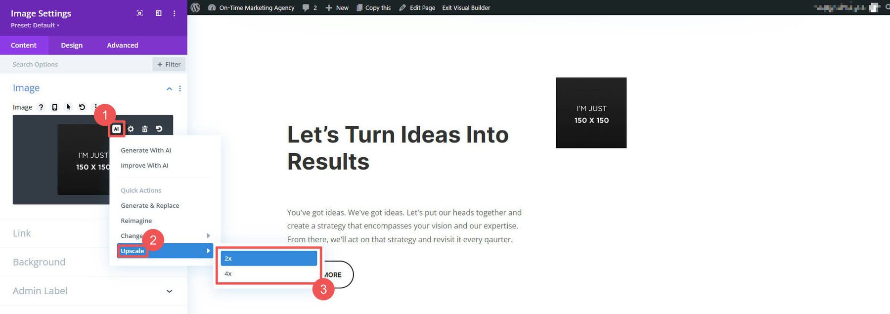 Divi AI Upscale Image - Steps 1-3