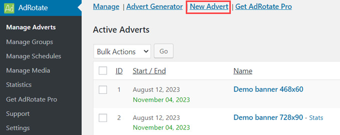 adrotate add new advert