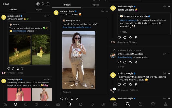 Screenshot of Anthropologie's posts on Threads