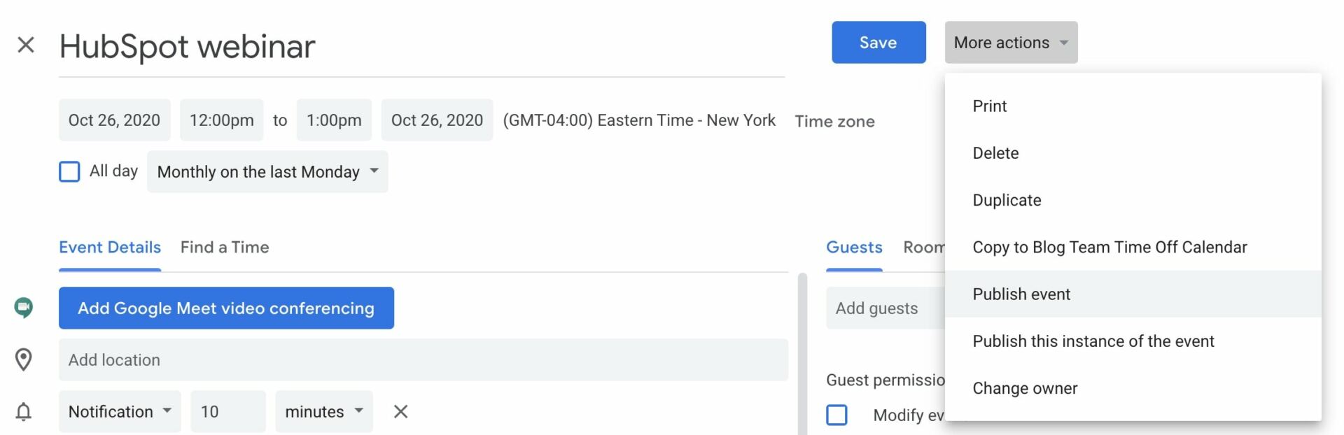 Screenshot of HubSpot Webinar (Gmail); how to send a calendar invite