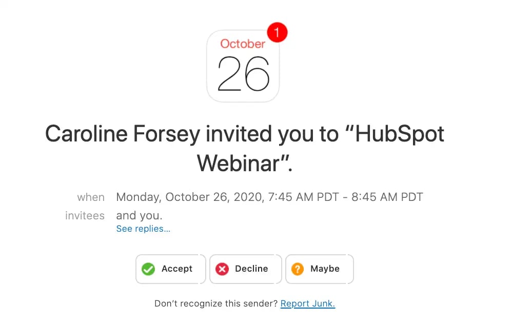 Screenshot of webinar invite; how to send a calendar invite