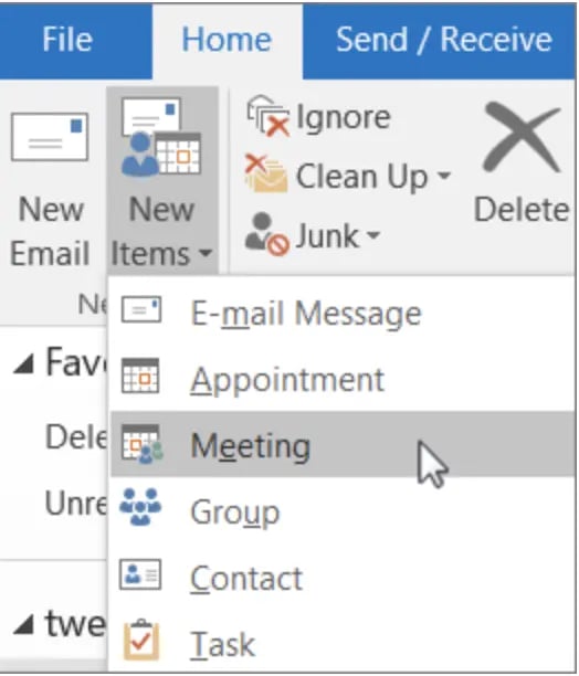 Screenshot of meeting tab in Outlook; how to send a calendar invite