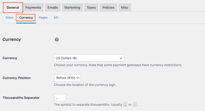 Changing the currency settings on your online store