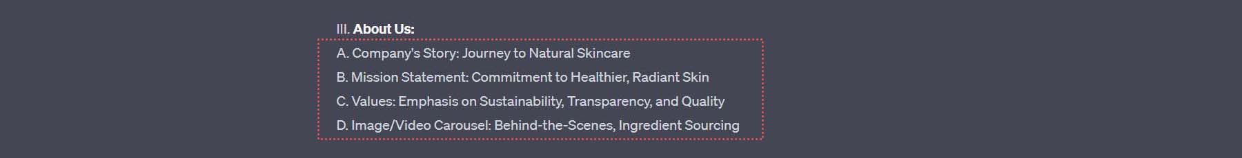 ChatGPT's outline for the about us section of our skincare landing page